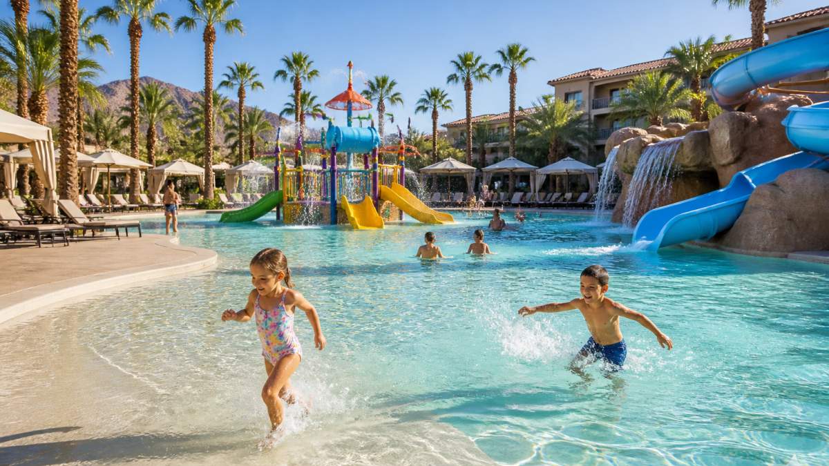 Children playing in a resort pool complex with water slides, splash areas, and shallow family pool on a sunny desert day, with palm trees and resort buildings in the background