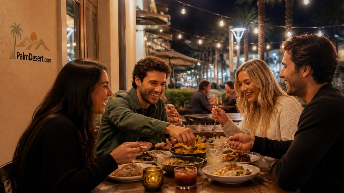 Infographic mapping popular late night food spots on an outdoor patio near El Paseo