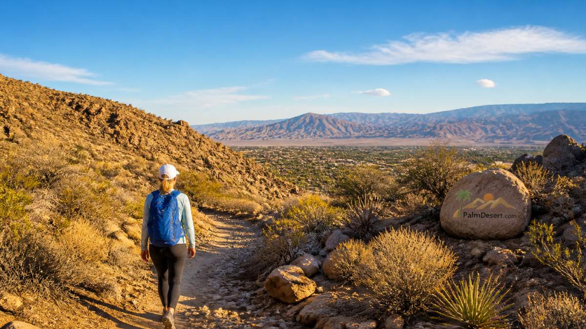 Hiker on a desert trail with rocky terrain, desert vegetation, and clear blue winter sky in the background, golden afternoon light illuminating the landscape