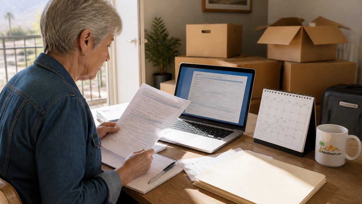 Snowbird at a desk organizing documents, calendar, and moving boxes with a laptop showing residency forms and checklist, natural window lighting