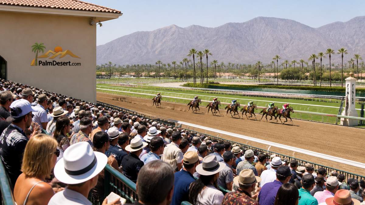 Spectators in grandstands watching thoroughbred horses racing on sunny day, with track and finish line visible, natural lighting