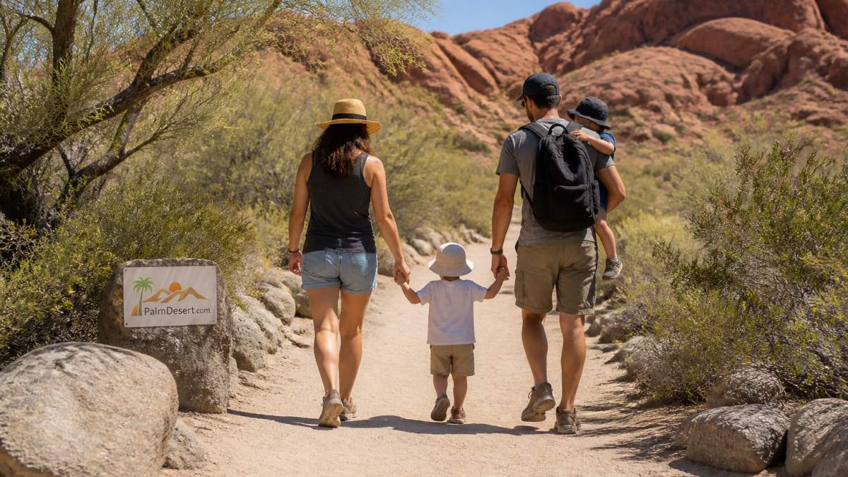 Family with young children exploring a scenic desert landscape with colorful rock formations and native vegetation, parents supervising toddlers on a safe, maintained trail with shade from desert shrubs