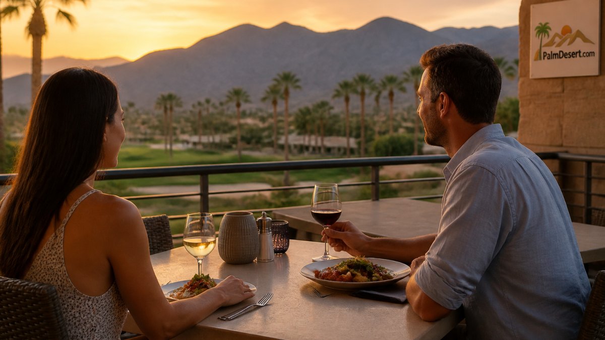 Couple dining on an outdoor patio at dusk with mountain silhouettes in the background and warm sunset lighting casting golden tones across the table and surrounding landscape