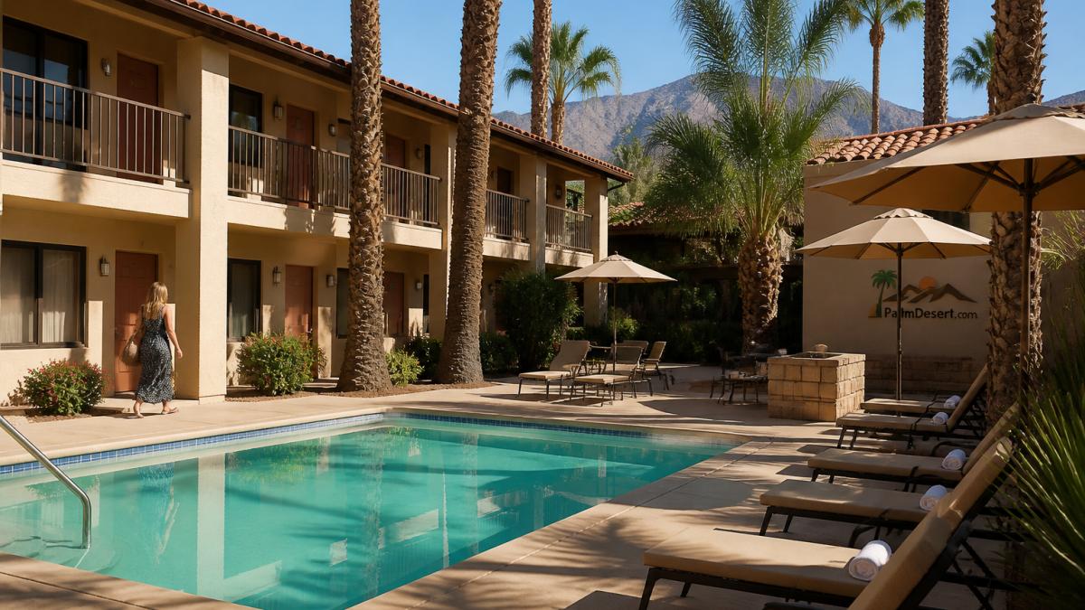 Sunlit courtyard with a heated pool and palm trees at one of the top hotels near Deep Canyon with a guest walking to a room
